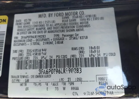 2020 Ford Fusion Se from USA, damaged, VIN 3FA6P0T96LR190283
